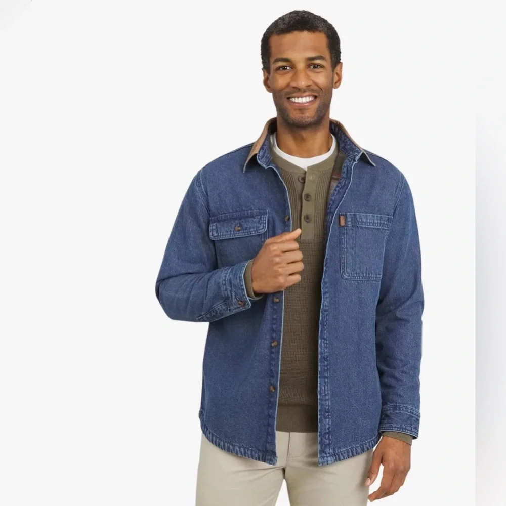 CHAPS Barn Coat Shacket Flannel Lined Denim Shirt Jacket Classic Corduroy Collar